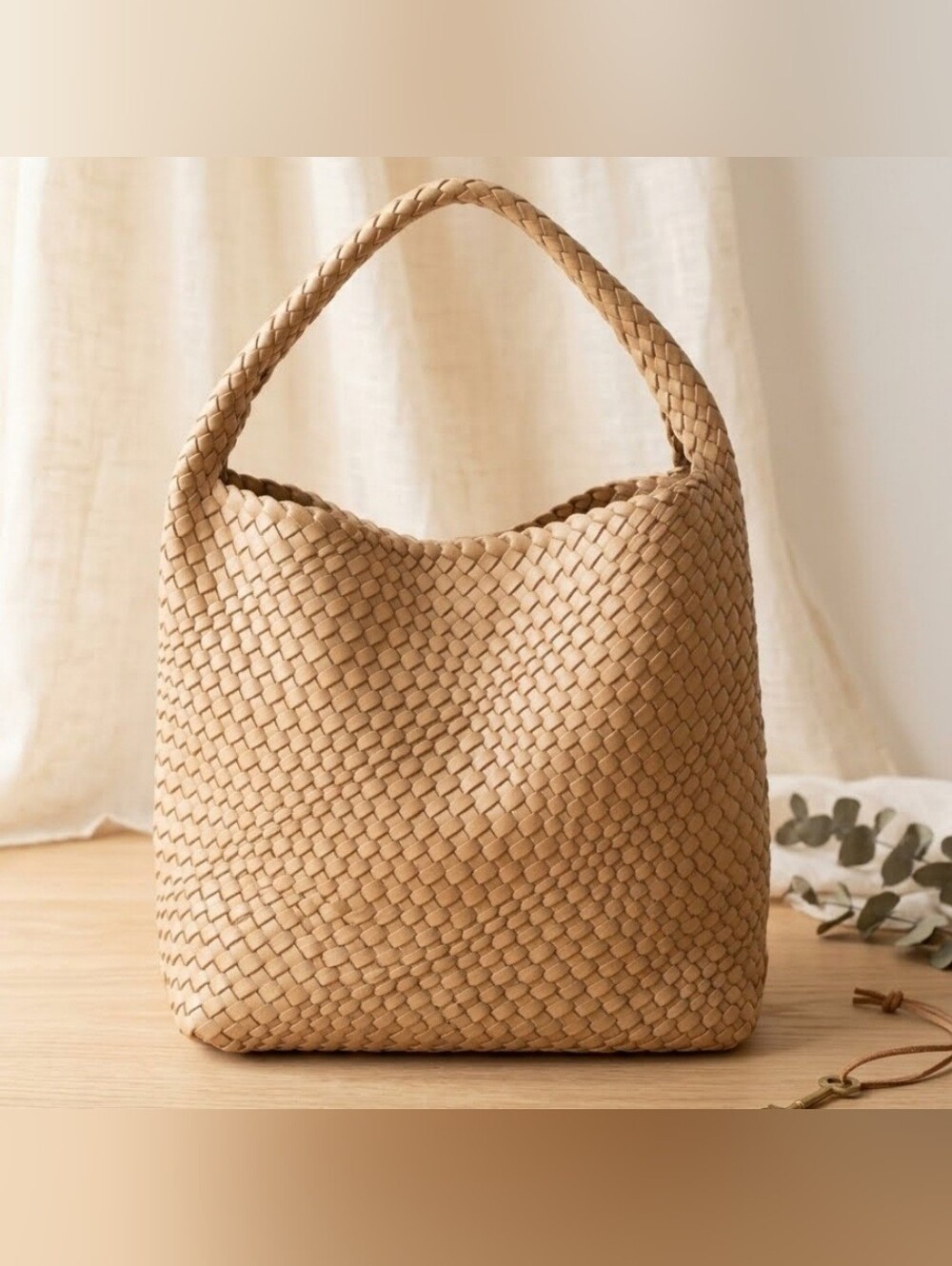 Woven Shoulder Hobo Bag in Tan